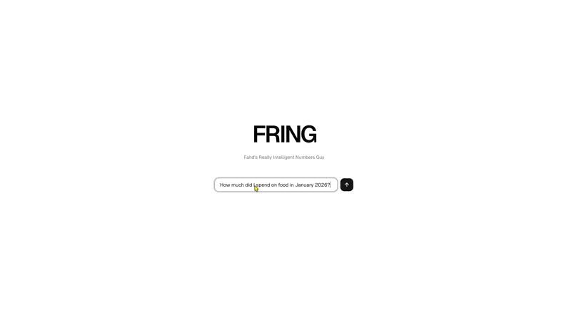 Screen recording of FRING chatbot answering a natural-language question about income and expenses
